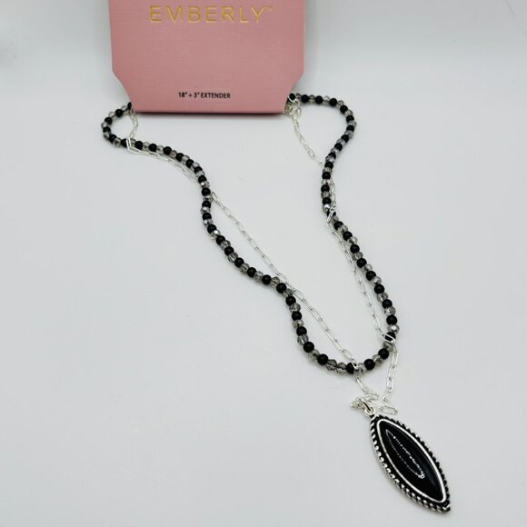 Emberly Black Beaded Layered Necklace Silver Chain Marquise Pendant NWT Jewelry - Picture 1 of 4